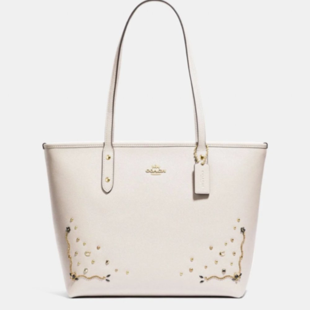 COACH City Zip Tote with Stardust Crystal Rivets (Chalk/Gold)